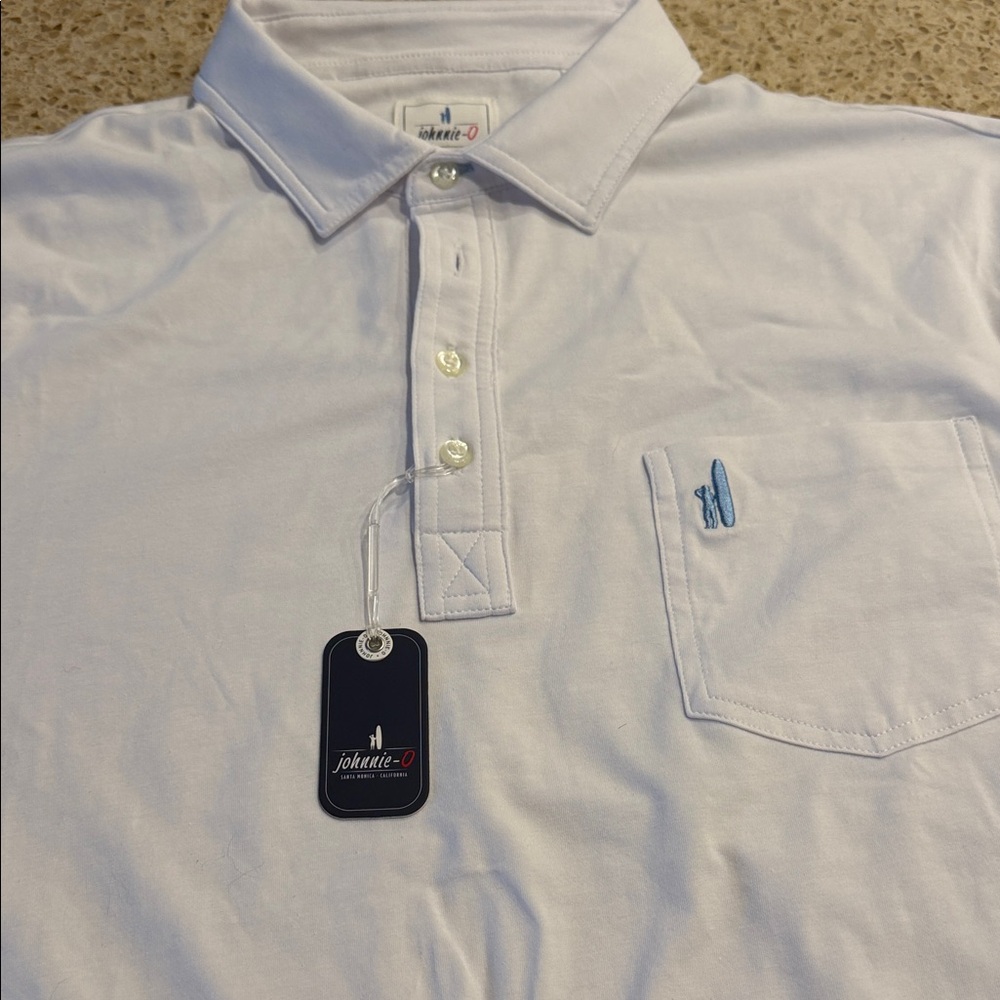 johnnie-O White Polo with Light Blue Pocket Logo